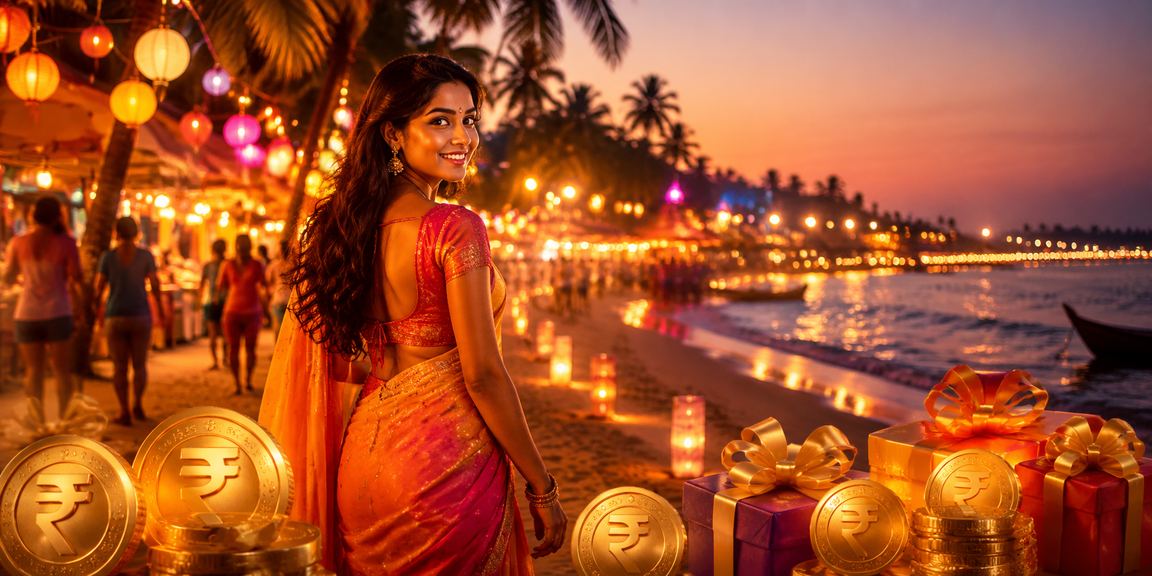 Scenic Goa beach with people enjoying safe betting on mobile devices